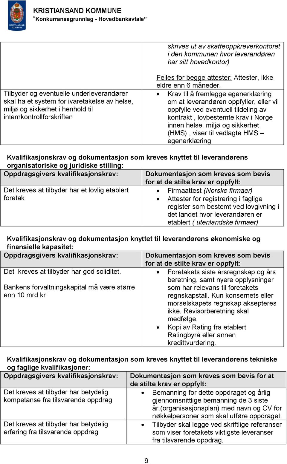 Krav til å fremlegge egenerklæring om at leverandøren oppfyller, eller vil oppfylle ved eventuell tildeling av kontrakt, lovbestemte krav i Norge innen helse, miljø og sikkerhet (HMS), viser til