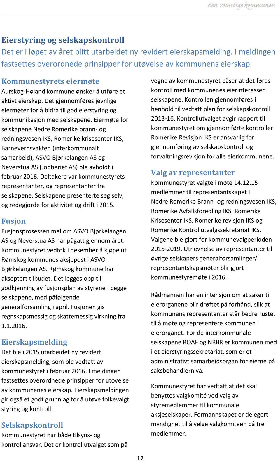 Kontrollutvalget avgir rapport til kommunestyret om gjennomførte kontroller. Romerike Revisjon IKS er ansvarlig for gjennomføring av selskapskontroll og forvaltningsrevisjon for alle eierkommunene.