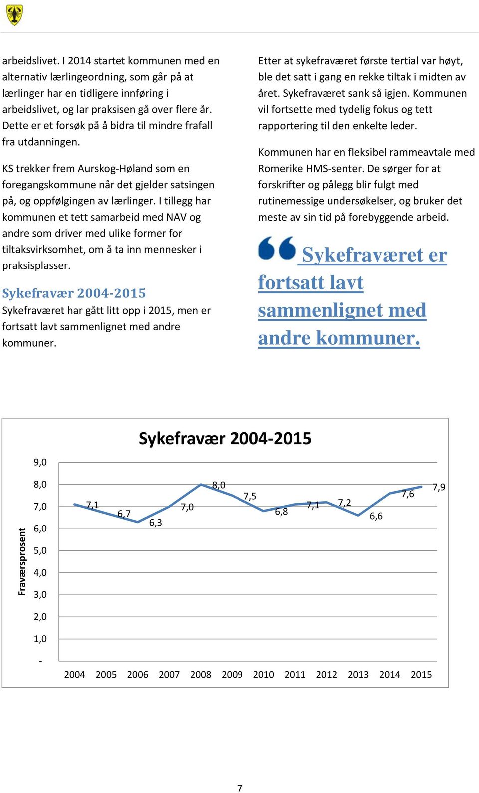 Kommunen vil fortsette med tydelig fokus og tett rapportering til den enkelte leder. Kommunen har en fleksibel rammeavtale med Romerike HMS-senter.