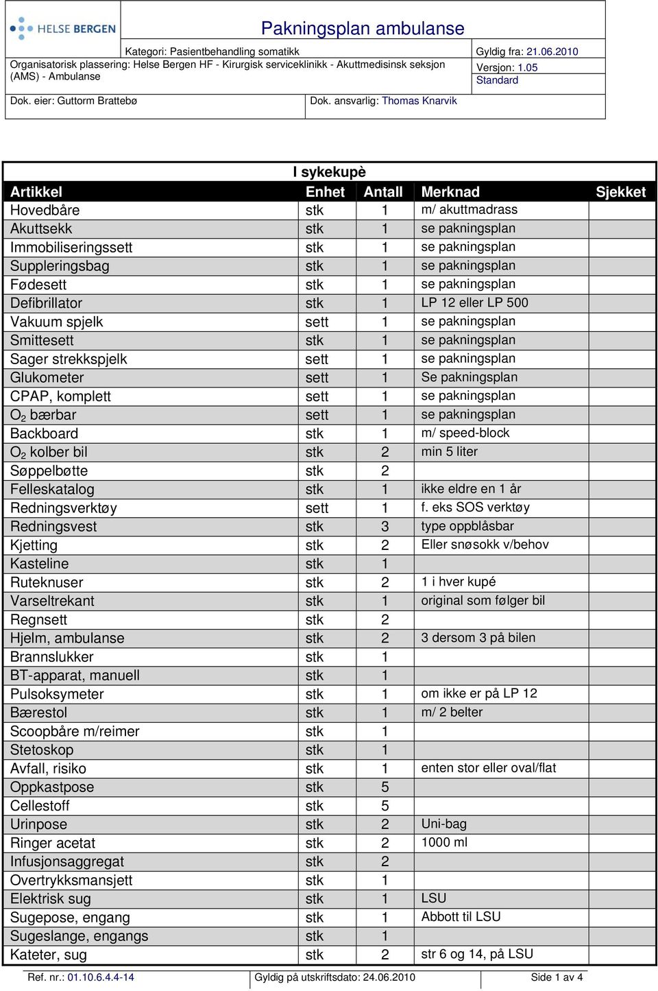 Defibrillator stk 1 LP 12 eller LP 500 Vakuum spjelk sett 1 se pakningsplan Smittesett stk 1 se pakningsplan Sager strekkspjelk sett 1 se pakningsplan Glukometer sett 1 Se pakningsplan CPAP, komplett