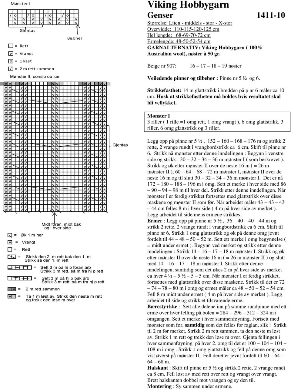 Strikk den neste m rett g trekk den løse m ver Viking Hbbygarn Genser 1411-10 Størrelse: Liten - middels - str - X-str Overvidde: 110-115-120-125 cm Hel lengde: 68-69-70-72 cm Ermelengde: 48-50-52-54