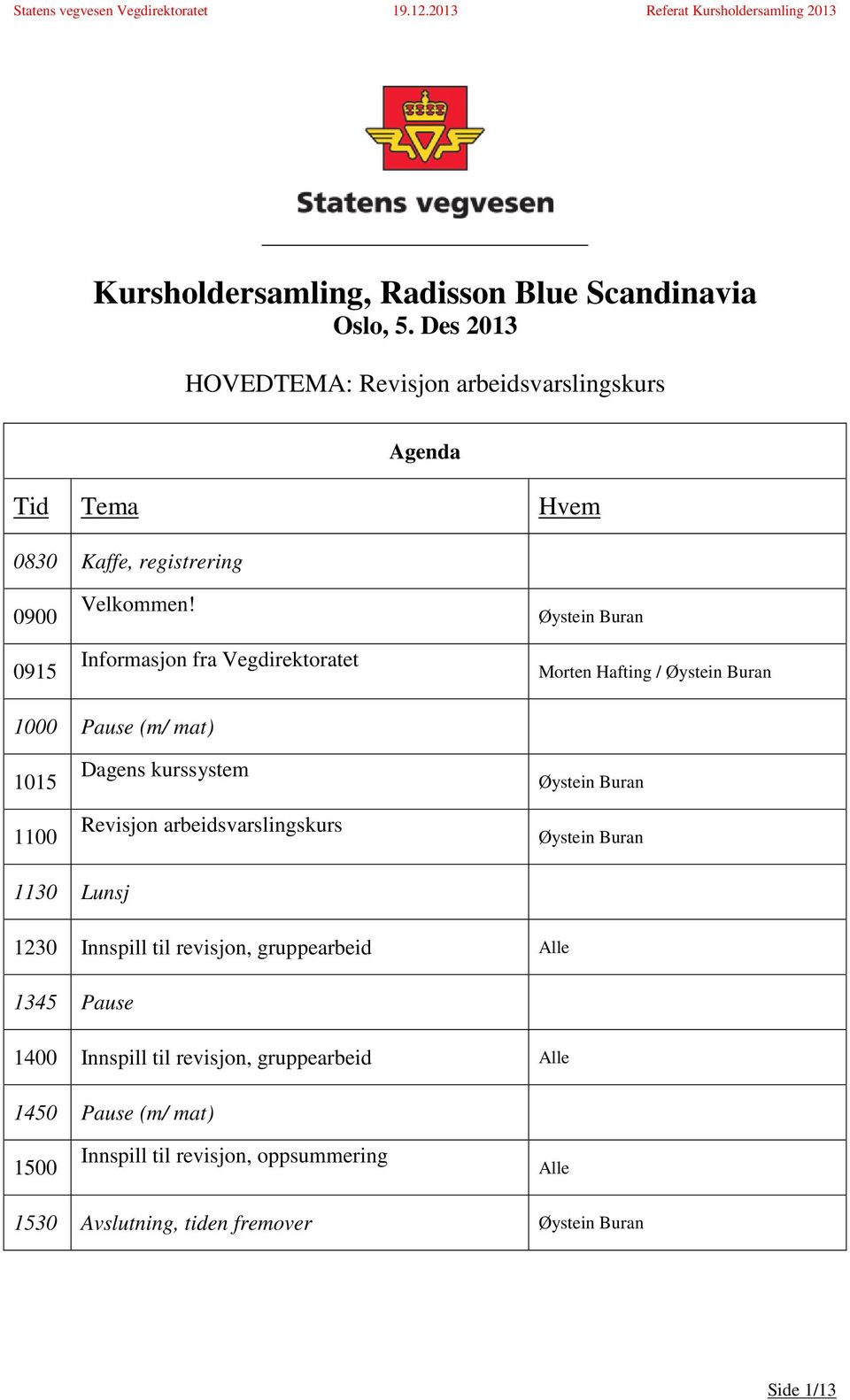 Informasjon fra Vegdirektoratet Øystein Buran Morten Hafting / Øystein Buran 1000 Pause (m/ mat) 1015 1100 Dagens kurssystem Revisjon