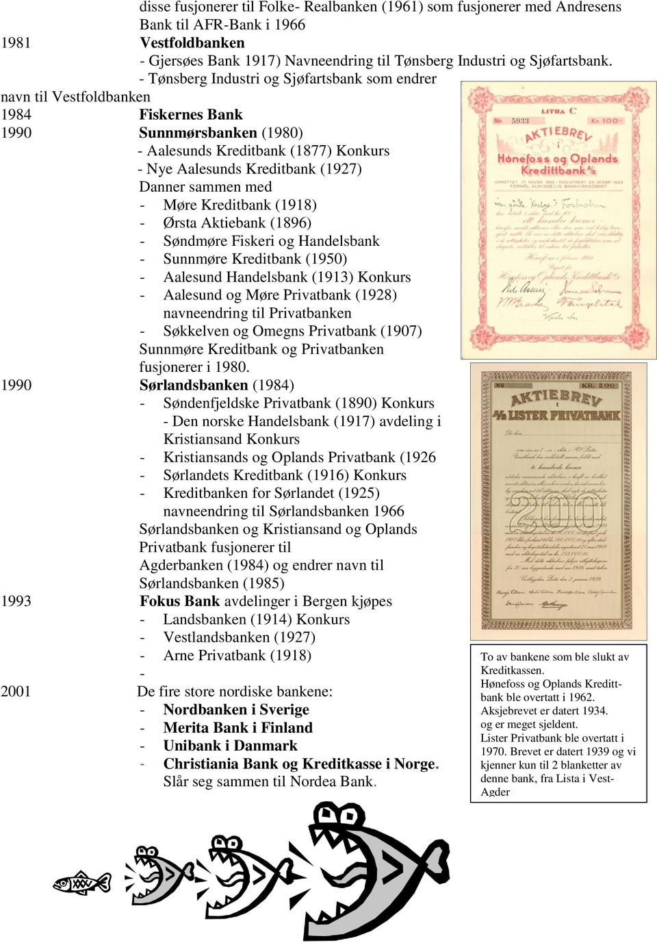 sammen med - Møre Kreditbank (1918) - Ørsta Aktiebank (1896) - Søndmøre Fiskeri og Handelsbank - Sunnmøre Kreditbank (1950) - Aalesund Handelsbank (1913) Konkurs - Aalesund og Møre Privatbank (1928)