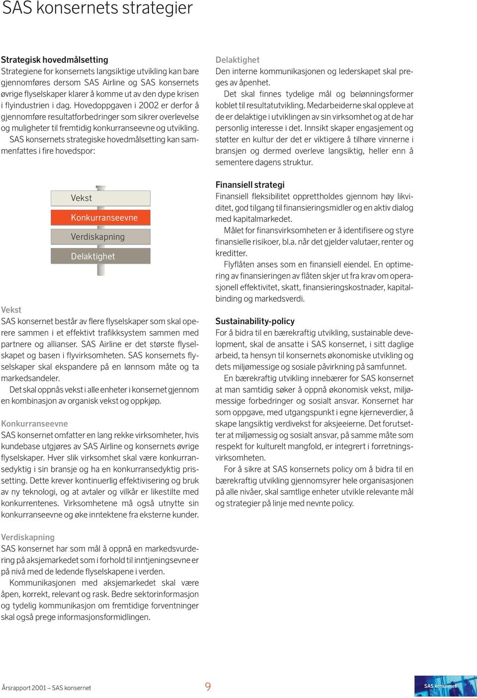 SAS konsernets strategiske hovedmålsetting kan sammenfattes i fire hovedspor: Vekst Konkurranseevne Verdiskapning Delaktighet Vekst SAS konsernet består av flere flyselskaper som skal operere sammen