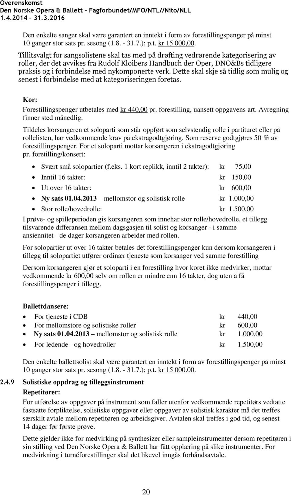 nykomponerte verk. Dette skal skje så tidlig som mulig og senest i forbindelse med at kategoriseringen foretas. Kor: Forestillingspenger utbetales med kr 440,00 pr.