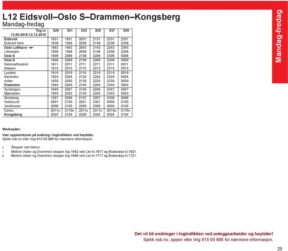 Lysaker 1919 2019 2119 2219 2319 0019 Sandvika 1924 2024 2124 2224 2324 0024 Asker 1930 2030 2130 2230 2330 0030 Drammen 1944 2044 2144 2244 2344 0044 Gulskogen 1949 2047 2149 2249 2347 0047