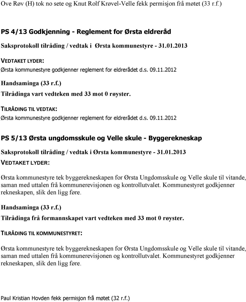 2012 Handsaminga (33 r.f.) Tilrådinga vart vedteken med 33 mot 0 røyster. TILRÅDING TIL VEDTAK: Ørsta kommunestyre godkjenner reglement for eldrerådet d.