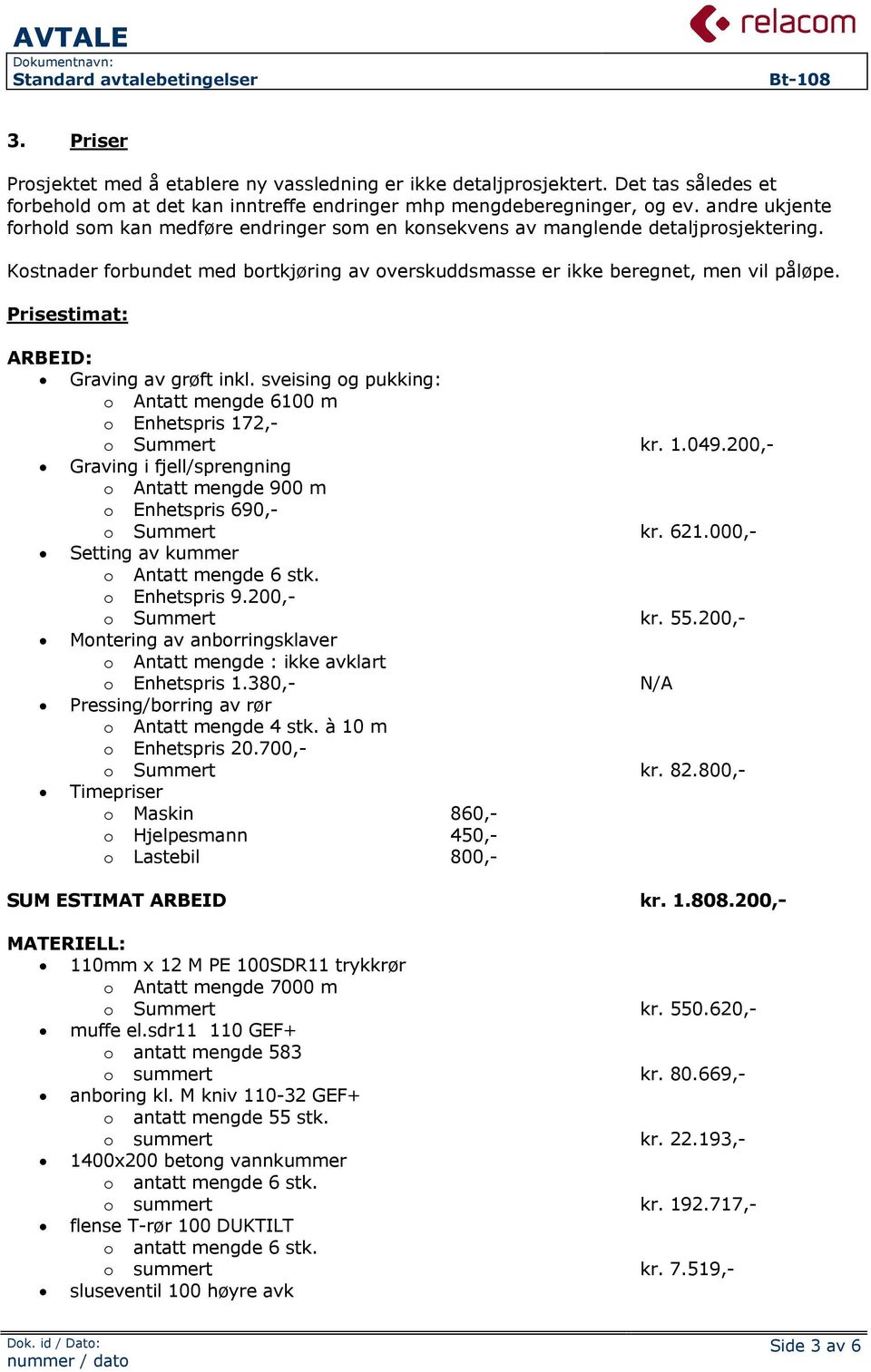 Prisestimat: ARBEID: Graving av grøft inkl. sveising og pukking: o Antatt mengde 6100 m o Enhetspris 172,- o Summert kr. 1.049.