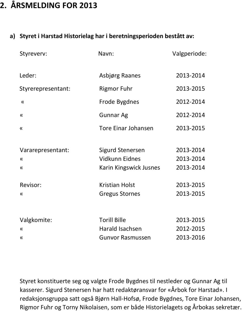 Holst 2013-2015 «Gregus Stornes 2013-2015 Valgkomite: Torill Bille 2013-2015 «Harald Isachsen 2012-2015 «Gunvor Rasmussen 2013-2016 Styret konstituerte seg og valgte Frode Bygdnes til nestleder og