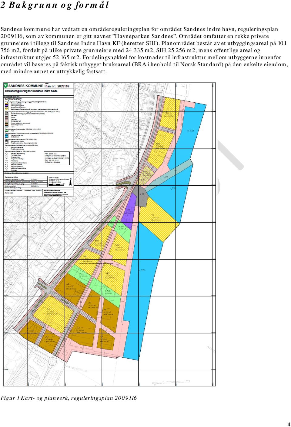 Planområdet består av et utbyggingsareal på 101 756 m2, fordelt på ulike private grunneiere med 24 335 m2, SIH 25 256 m2, mens offentlige areal og infrastruktur utgjør 52 165 m2.