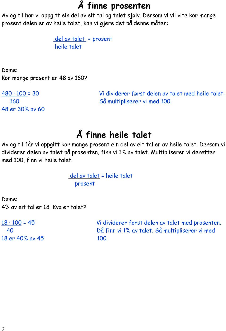 480 100 = 30 Vi dividerer først delen av talet med heile talet. 160 Så multipliserer vi med 100.