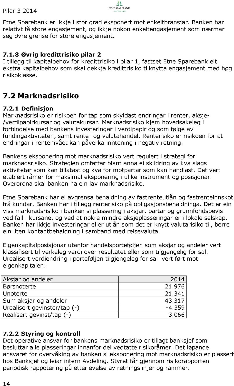 risikoklasse. 7.2 Marknadsrisiko 7.2.1 Definisjon Marknadsrisiko er risikoen for tap som skyldast endringar i renter, aksje- /verdipapirkursar og valutakursar.