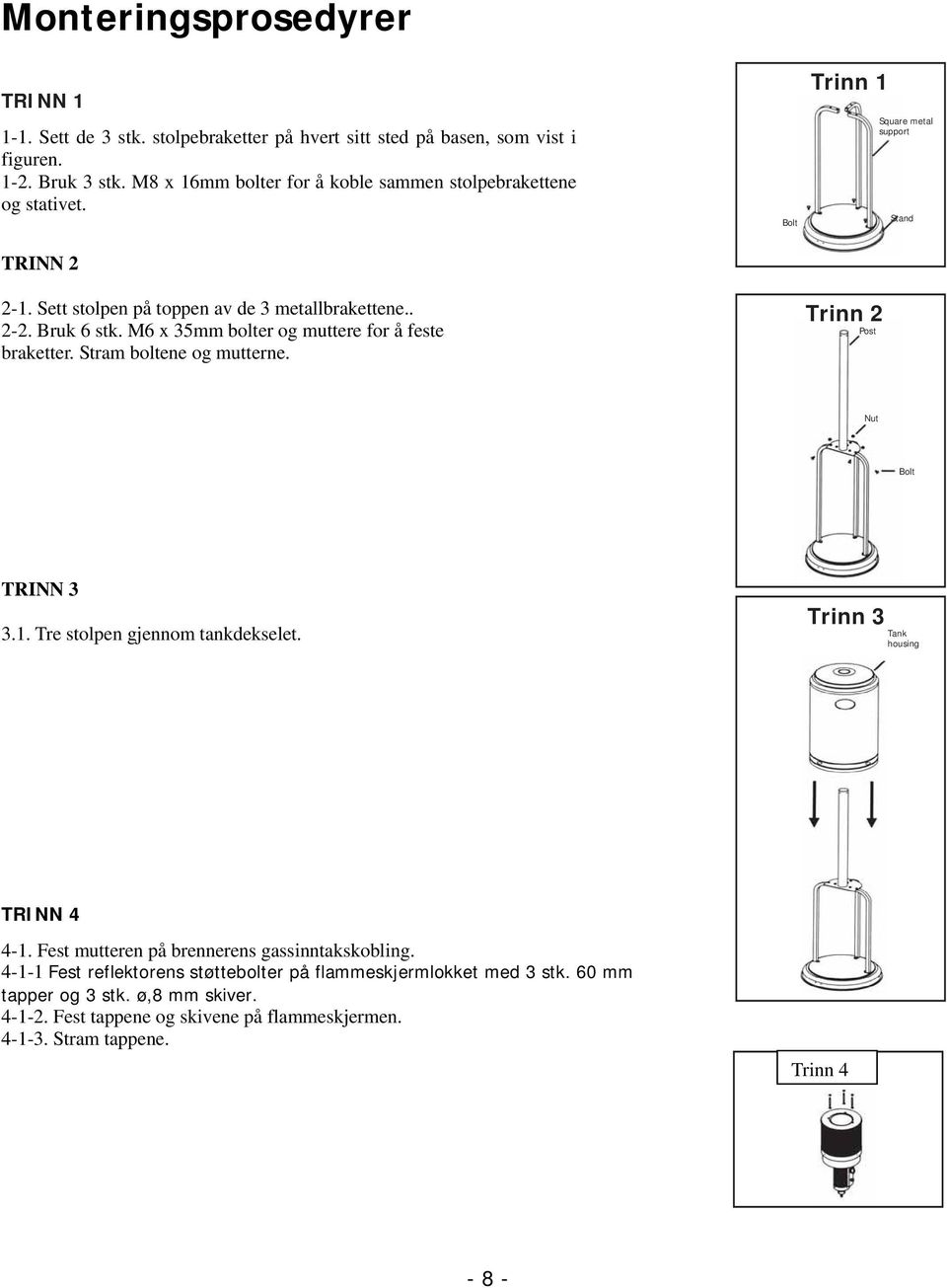 M6 x 35mm bolter og muttere for å feste braketter. Stram boltene og mutterne. Bolt Trinn 1 Trinn 2 Post Square metal support Stand Nut Bolt TRINN 3 3.1. Tre stolpen gjennom tankdekselet.