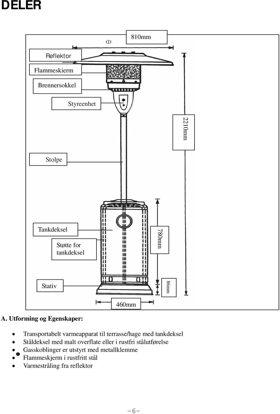 Utforming og Egenskaper: 460mm Transportabelt varmeapparat til terrasse/hage med tankdeksel.