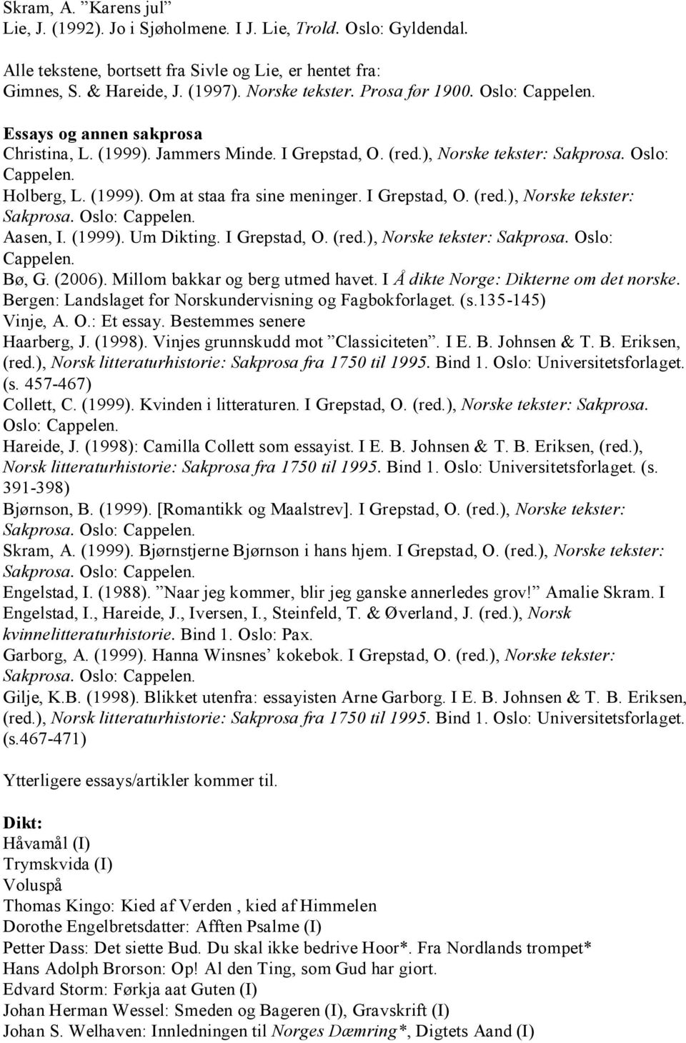 I Grepstad, O. (red.), Norske tekster: Aasen, I. (1999). Um Dikting. I Grepstad, O. (red.), Norske tekster: Sakprosa. Oslo: Cappelen. Bø, G. (2006). Millom bakkar og berg utmed havet.