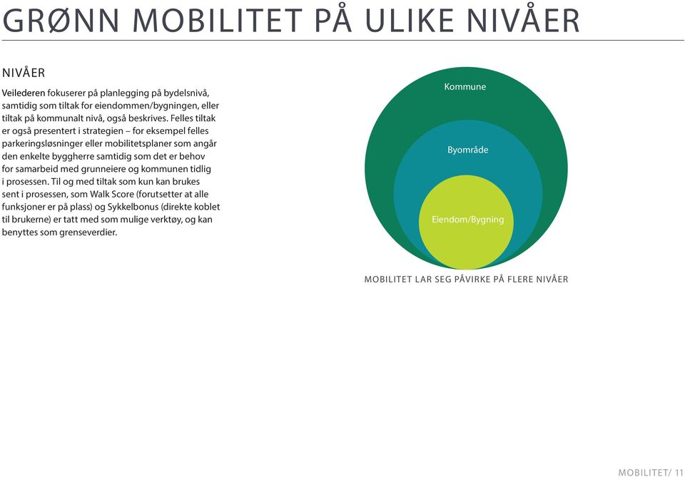 Felles tiltak er også presentert i strategien for eksempel felles parkeringsløsninger eller mobilitetsplaner som angår den enkelte byggherre samtidig som det er behov for samarbeid