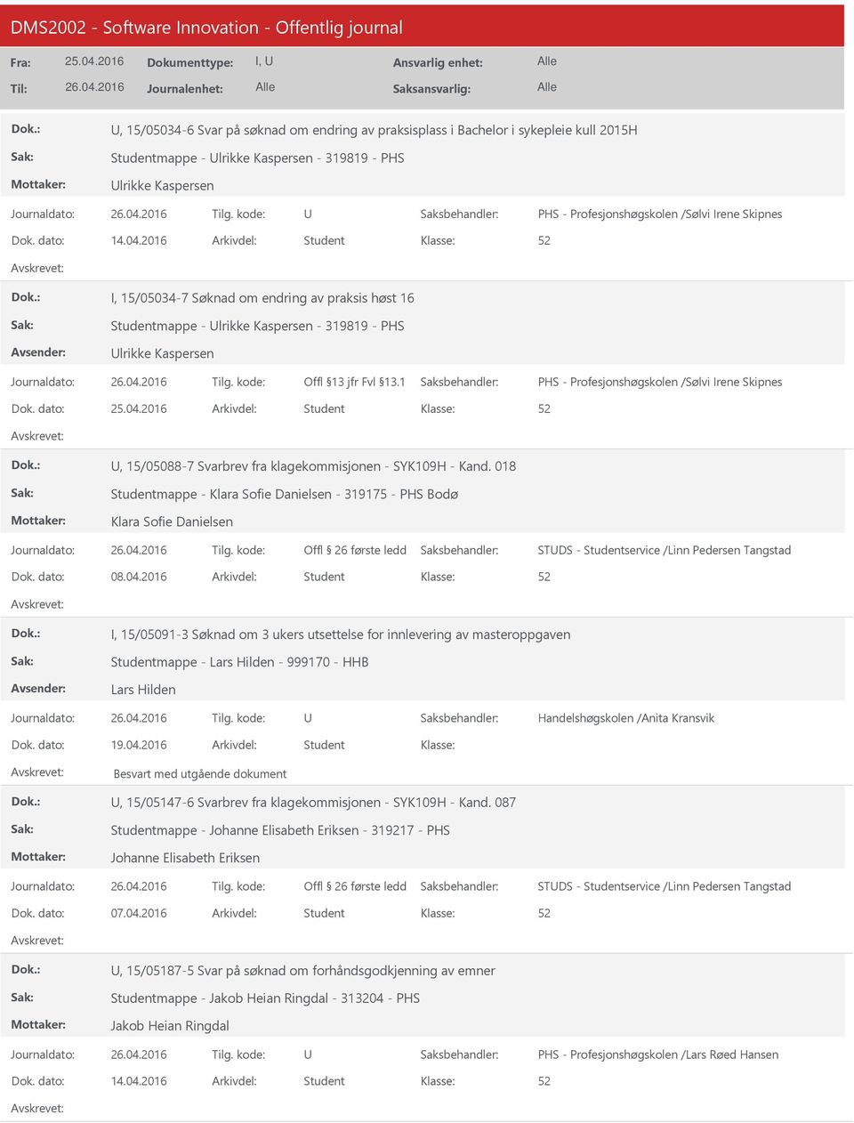 dato: Arkivdel: Student, 15/05088-7 Svarbrev fra klagekommisjonen - SYK109H - Kand.