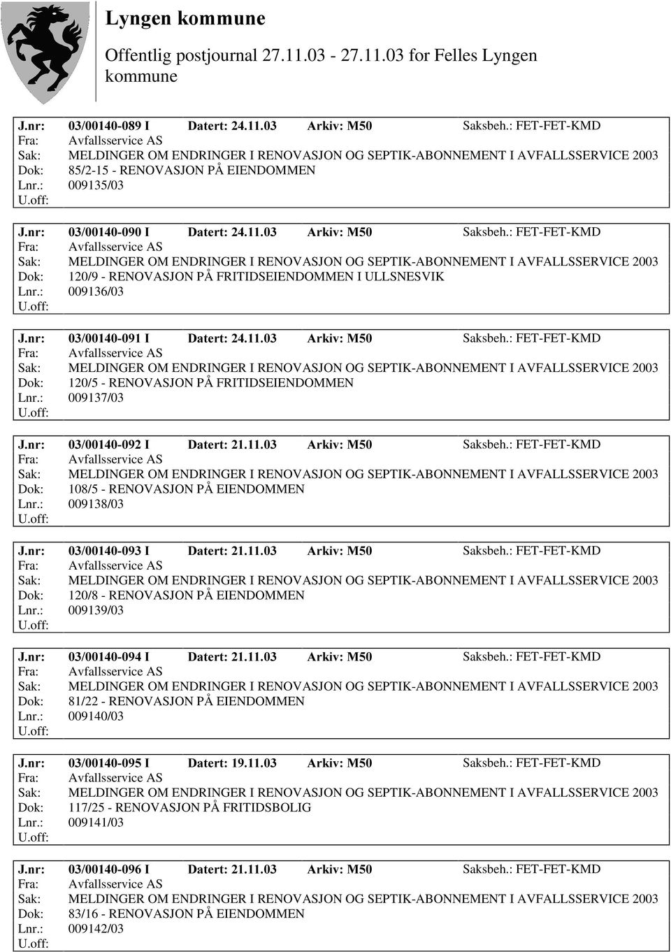 : 009136/03 Dok: 120/5 - RENOVASJON PÅ FRITIDSEIENDOMMEN Lnr.: 009137/03 Dok: 108/5 - RENOVASJON PÅ EIENDOMMEN Lnr.