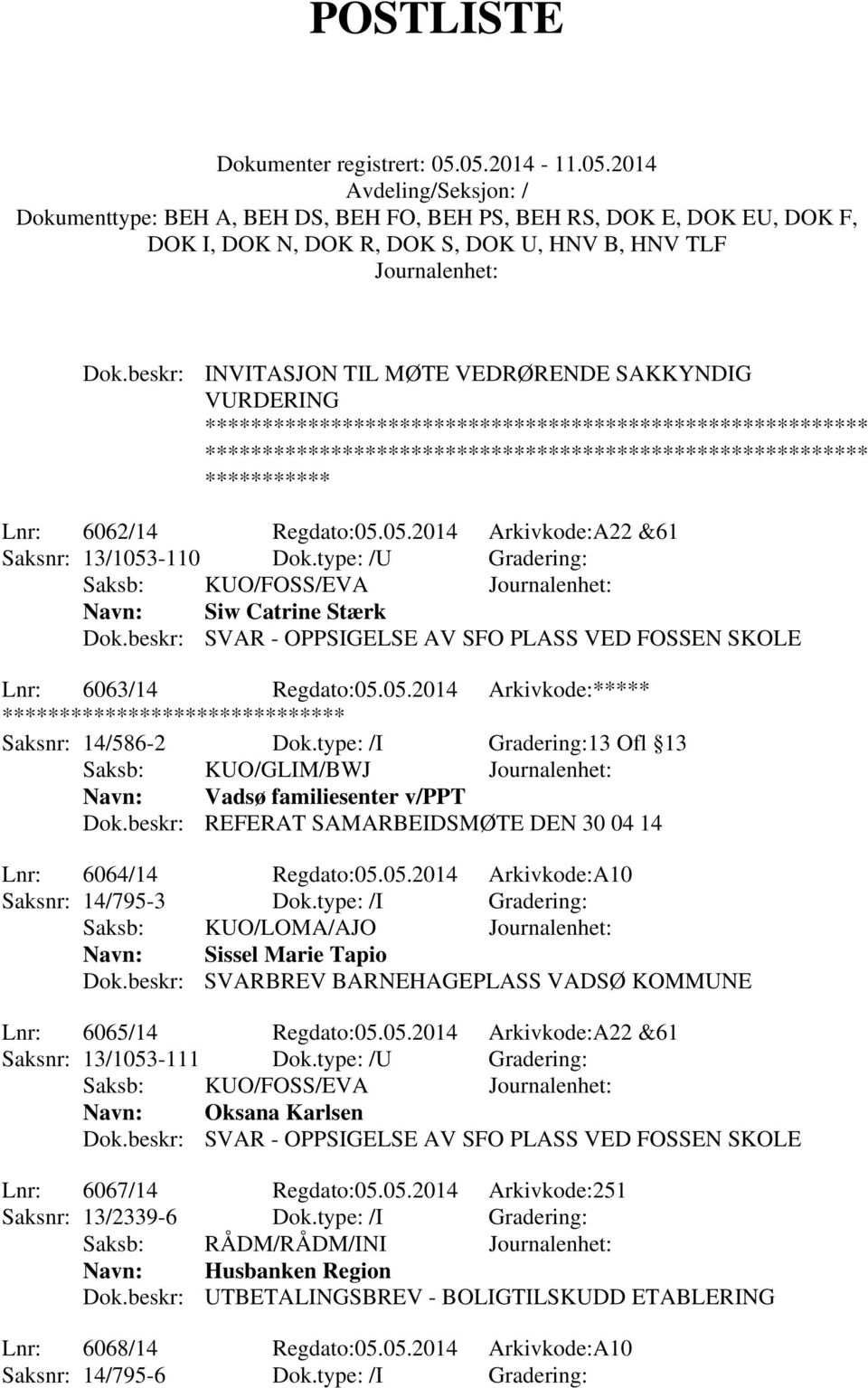 beskr: SVAR - OPPSIGELSE AV SFO PLASS VED FOSSEN SKOLE Lnr: 6063/14 Regdato:05.05.2014 Arkivkode:***** ****************************** Saksnr: 14/586-2 Dok.