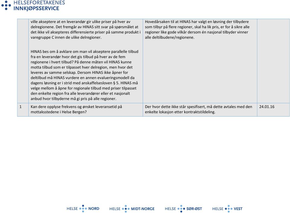 Hovedårsaken til at HINAS har valgt en løsning der tilbydere som tilbyr på flere regioner, skal ha lik pris, er for å sikre alle regioner like gode vilkår dersom én nasjonal tilbyder vinner alle