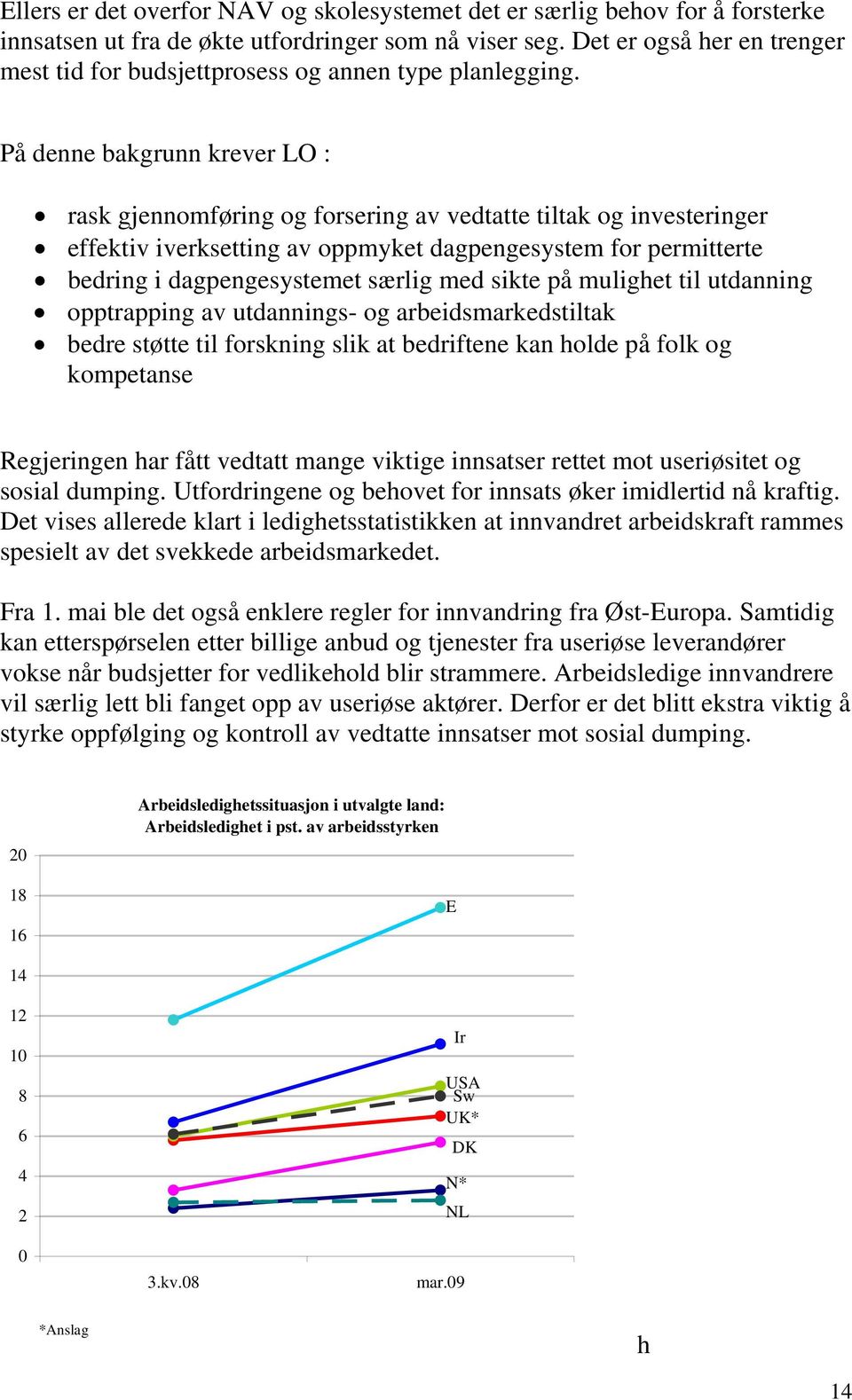 På denne bakgrunn krever LO : rask gjennomføring og forsering av vedtatte tiltak og investeringer effektiv iverksetting av oppmyket dagpengesystem for permitterte bedring i dagpengesystemet særlig