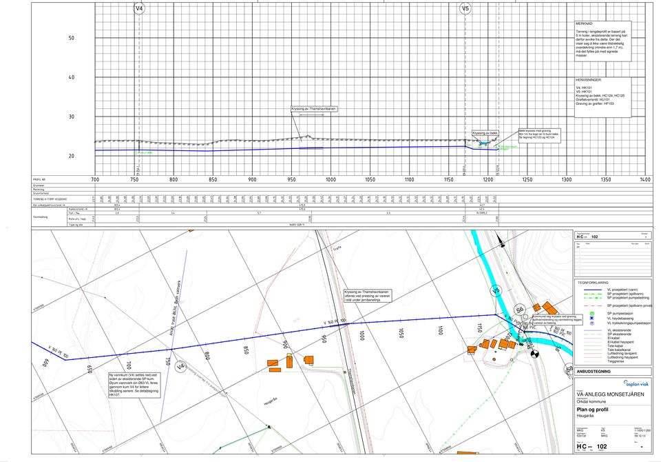 Kryssing av Thamshavnbanen V4: HK101 V5: HK101 Kryssing av bekk: HC124, HC125 Grøftetverrsnitt: HU101 Kryssing av bekk Bekk krysses med graving. Min 1m fra topp rør til bunn bekk.