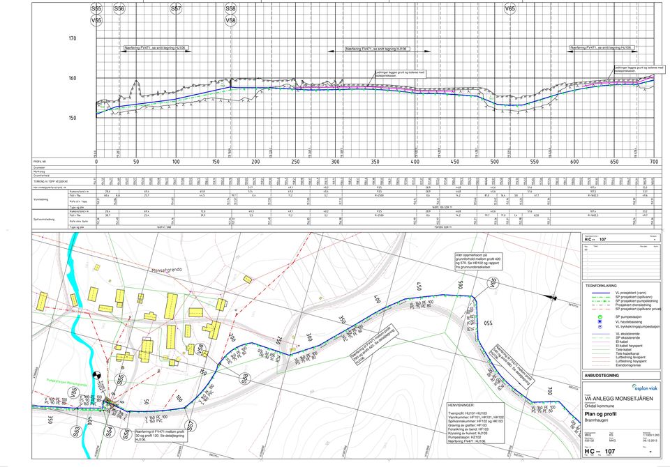 00 dato: V65 Prosjektert drensledning V58 Nærføring til FV471 mellom profil 290 og profil 420. Se detaljtegning HJ106. Elkabel Elkabel Telekabel Nærføring til FV471 mellom profil 540 og profil 680.
