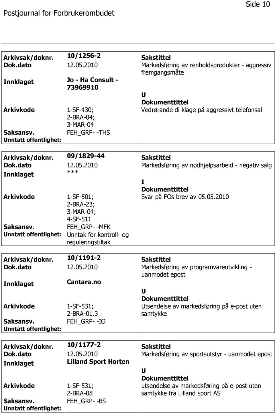 Arkivsak/doknr. 09/1829-44 Sakstittel Dok.dato 12.05.2010 Markedsføring av nødhjelpsarbeid - negativ salg nnklaget *** 1-SF-501; 2-BRA-23; 3-MAR-04; 4-SF-511 Svar på FOs brev av 05.05.2010 FEH_GRP- -MFK nntak for kontroll- og reguleringstiltak Arkivsak/doknr.