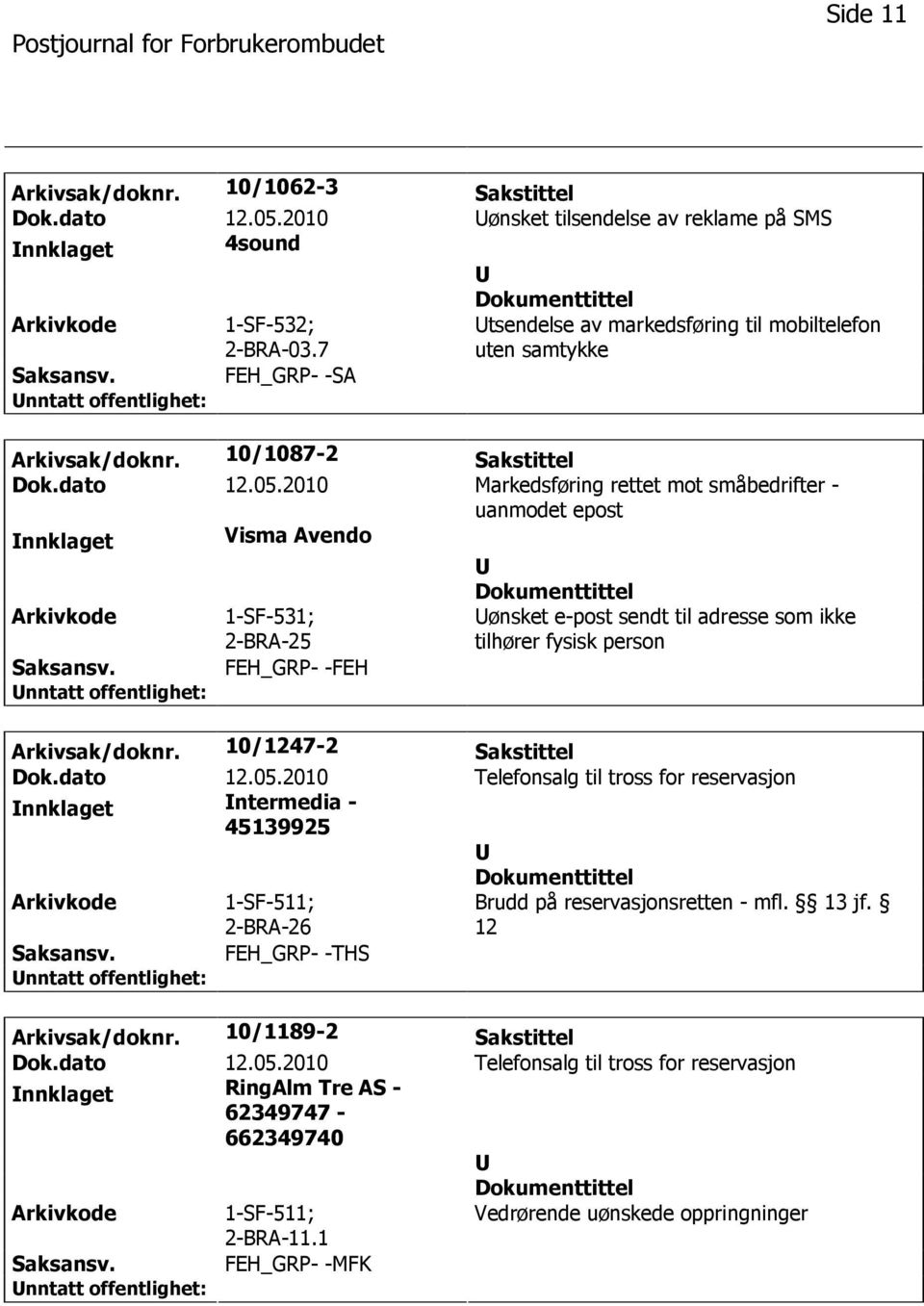 2010 Markedsføring rettet mot småbedrifter - uanmodet epost nnklaget Visma Avendo 1-SF-531; FEH_GRP- -FEH ønsket e-post sendt til adresse som ikke tilhører fysisk person Arkivsak/doknr.