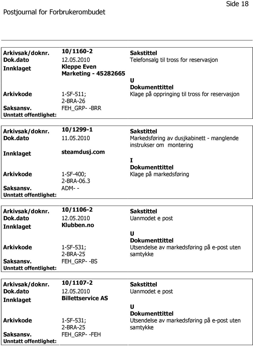 10/1299-1 Sakstittel Dok.dato 11.05.2010 Markedsføring av dusjkabinett - manglende instrukser om montering nnklaget steamdusj.com 1-SF-400; 2-BRA-06.