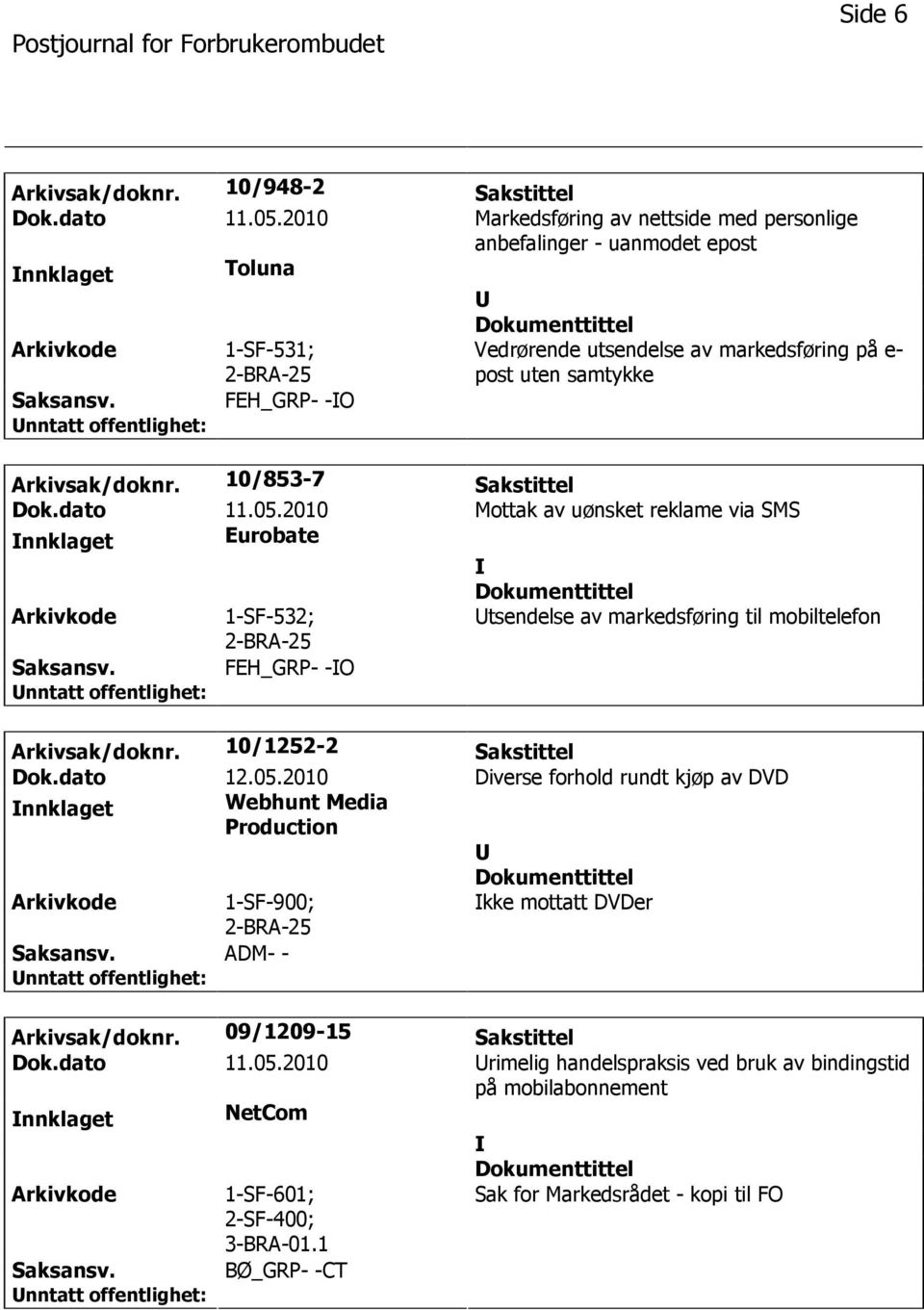 10/853-7 Sakstittel Dok.dato 11.05.2010 Mottak av uønsket reklame via SMS nnklaget Eurobate 1-SF-532; tsendelse av markedsføring til mobiltelefon FEH_GRP- -O Arkivsak/doknr.