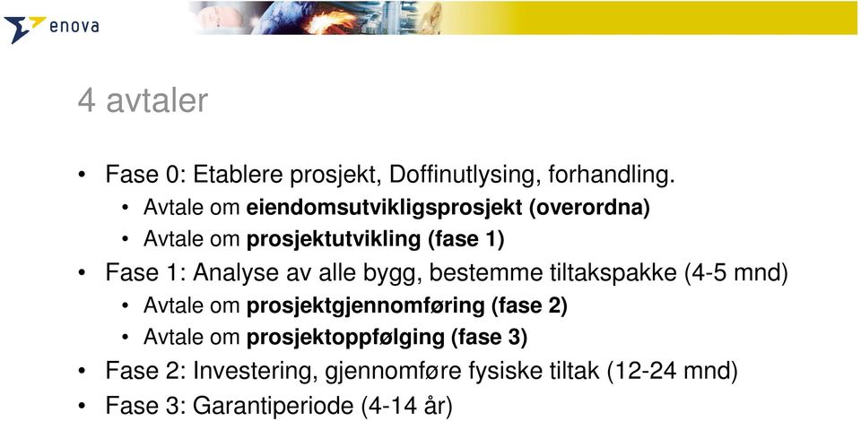 Analyse av alle bygg, bestemme tiltakspakke (4-5 mnd) Avtale om prosjektgjennomføring (fase 2)