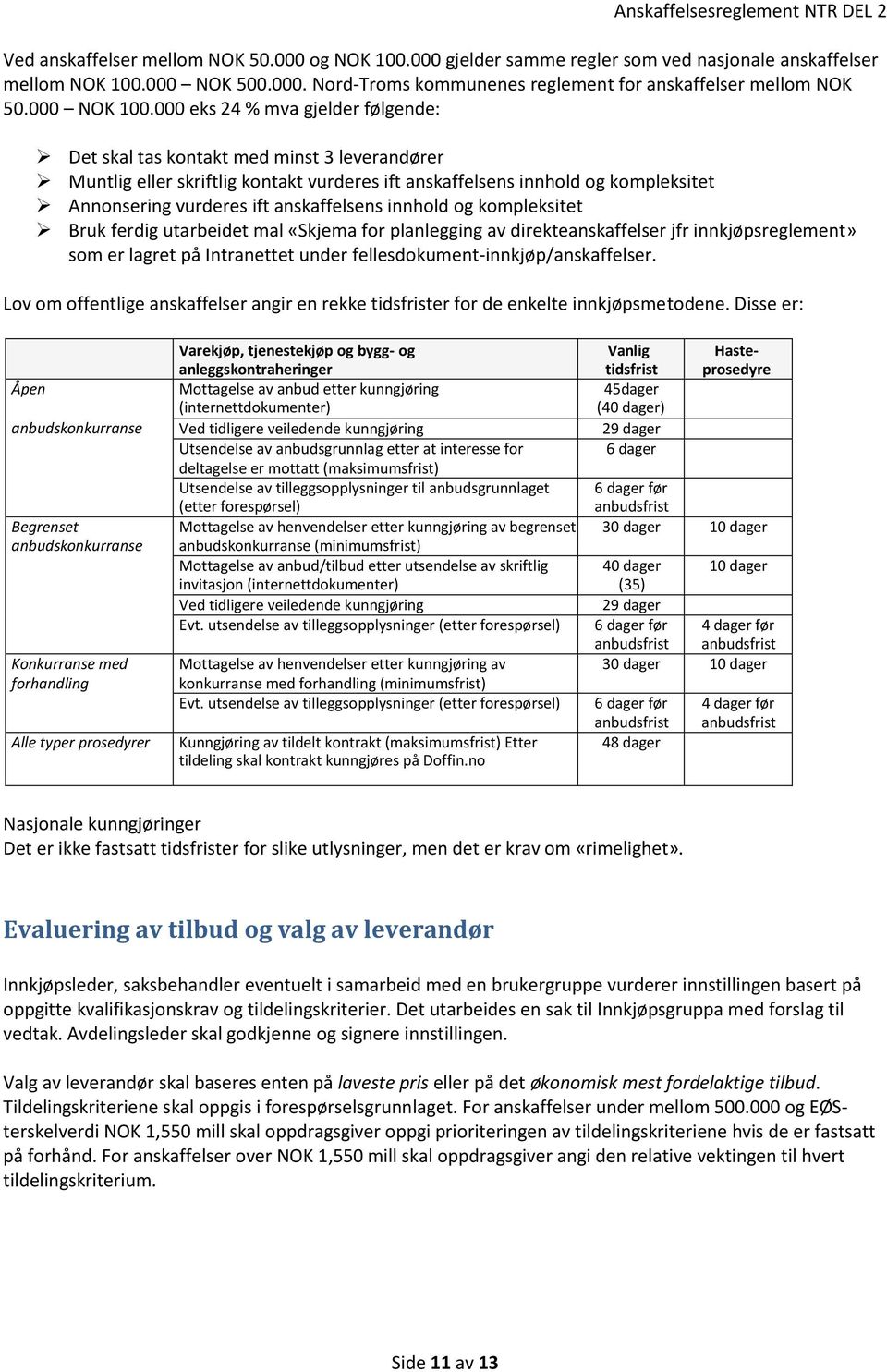 000 eks 24 % mva gjelder følgende: Det skal tas kontakt med minst 3 leverandører Muntlig eller skriftlig kontakt vurderes ift anskaffelsens innhold og kompleksitet Annonsering vurderes ift