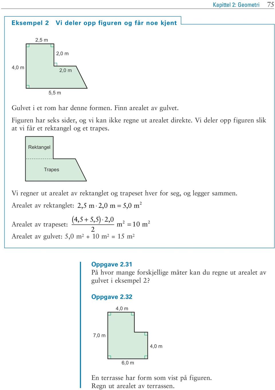 Rektangel Trapes Vi regner ut arealet av rektanglet og trapeset hver for seg, og legger sammen.