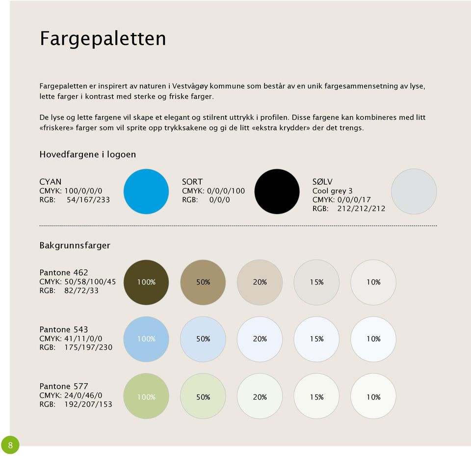 Disse fargene kan kombineres med litt «friskere» farger som vil sprite opp trykksakene og gi de litt «ekstra krydder» der det trengs.