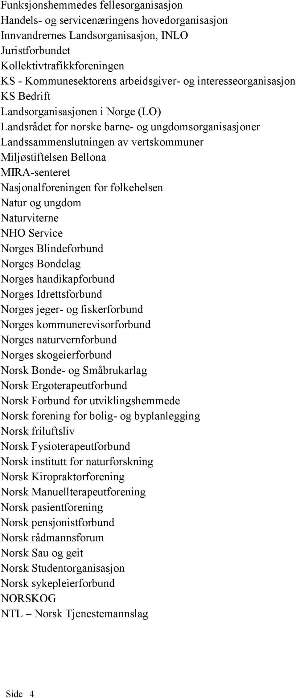 MIRA-senteret Nasjonalforeningen for folkehelsen Natur og ungdom Naturviterne NHO Service Norges Blindeforbund Norges Bondelag Norges handikapforbund Norges Idrettsforbund Norges jeger- og