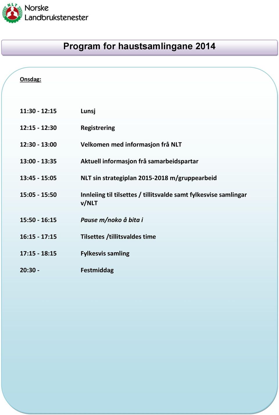 2015-2018 m/gruppearbeid 15:05-15:50 Innleiing til tilsettes / tillitsvalde samt fylkesvise samlingar v/nlt