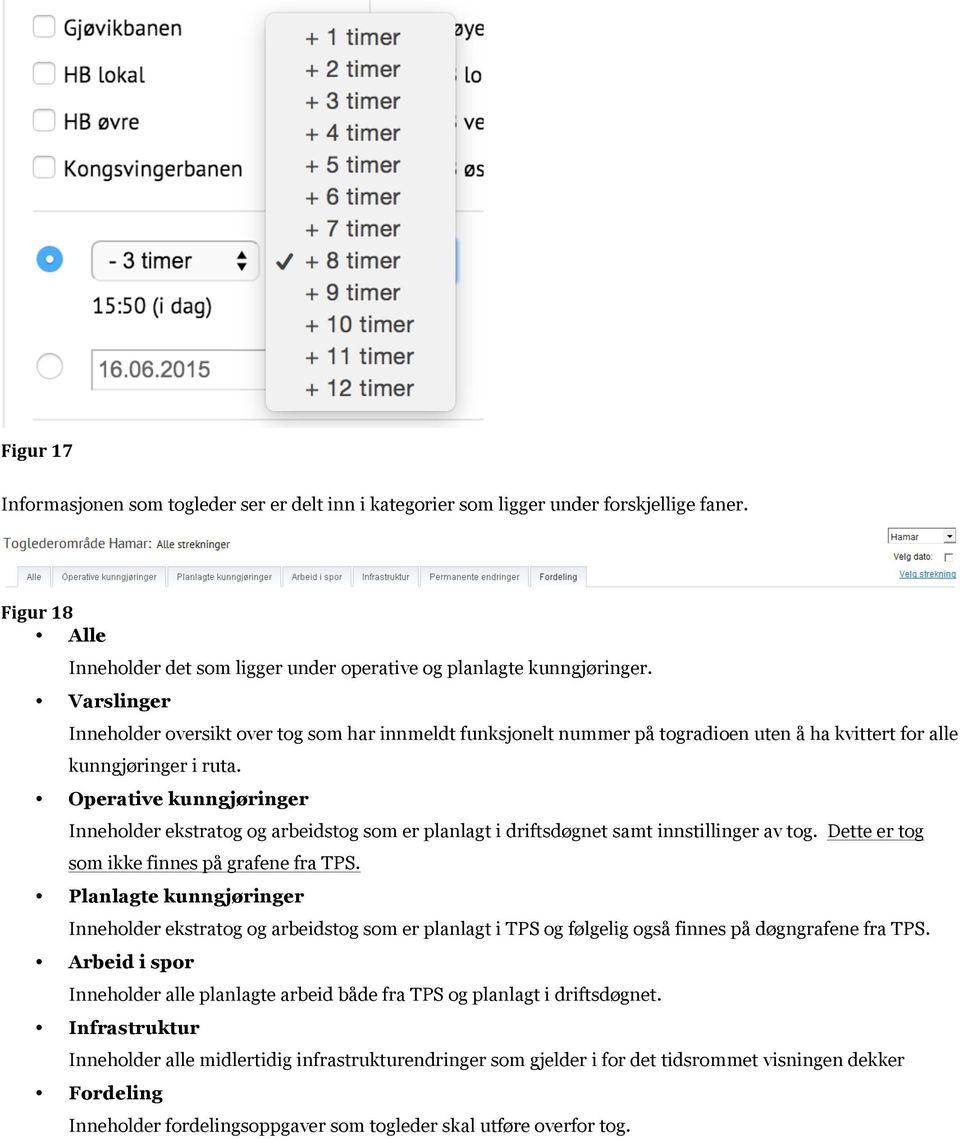 Operative kunngjøringer Inneholder ekstratog og arbeidstog som er planlagt i driftsdøgnet samt innstillinger av tog. Dette er tog som ikke finnes på grafene fra TPS.