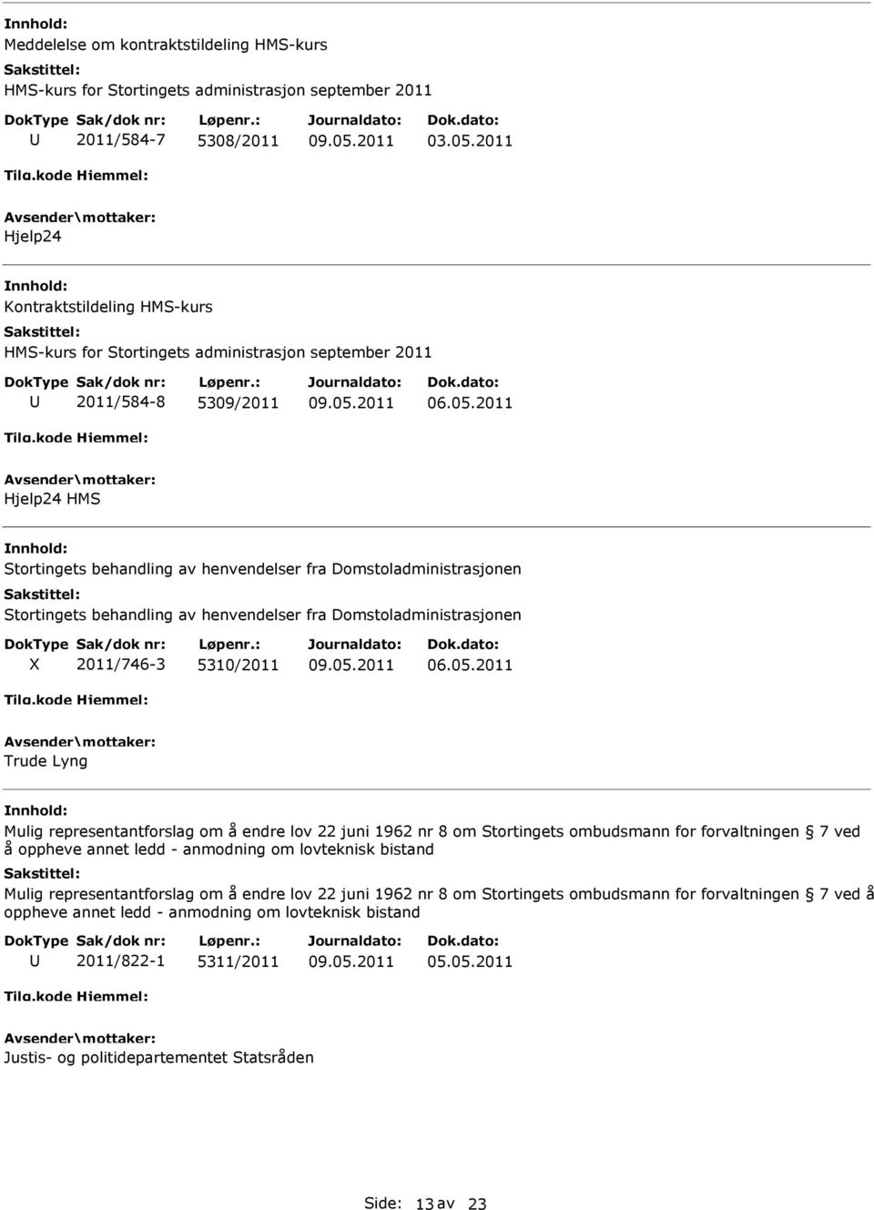 Stortingets behandling av henvendelser fra Domstoladministrasjonen X 2011/746-3 5310/2011 Trude Lyng Mulig representantforslag om å endre lov 22 juni 1962 nr 8 om Stortingets ombudsmann for