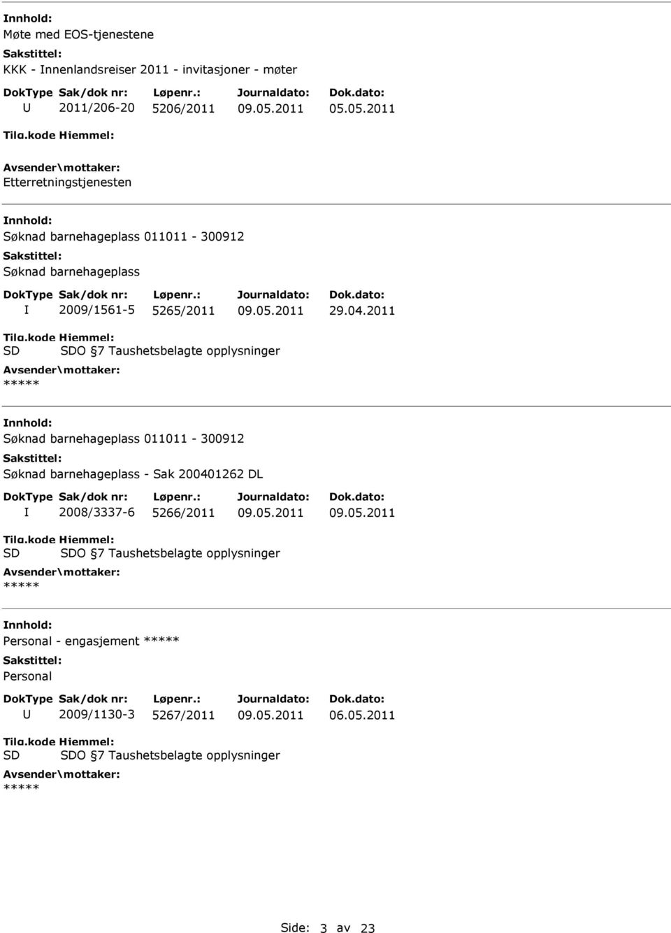 2011 O 7 Taushetsbelagte opplysninger ***** Søknad barnehageplass 011011-300912 Søknad barnehageplass - Sak 200401262 DL