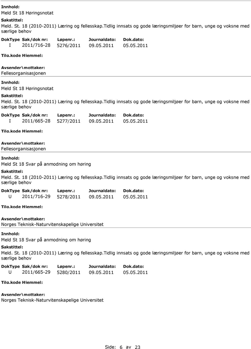 5278/2011 Norges Teknisk-Naturvitenskapelige niversitet Meld St 18 Svar på