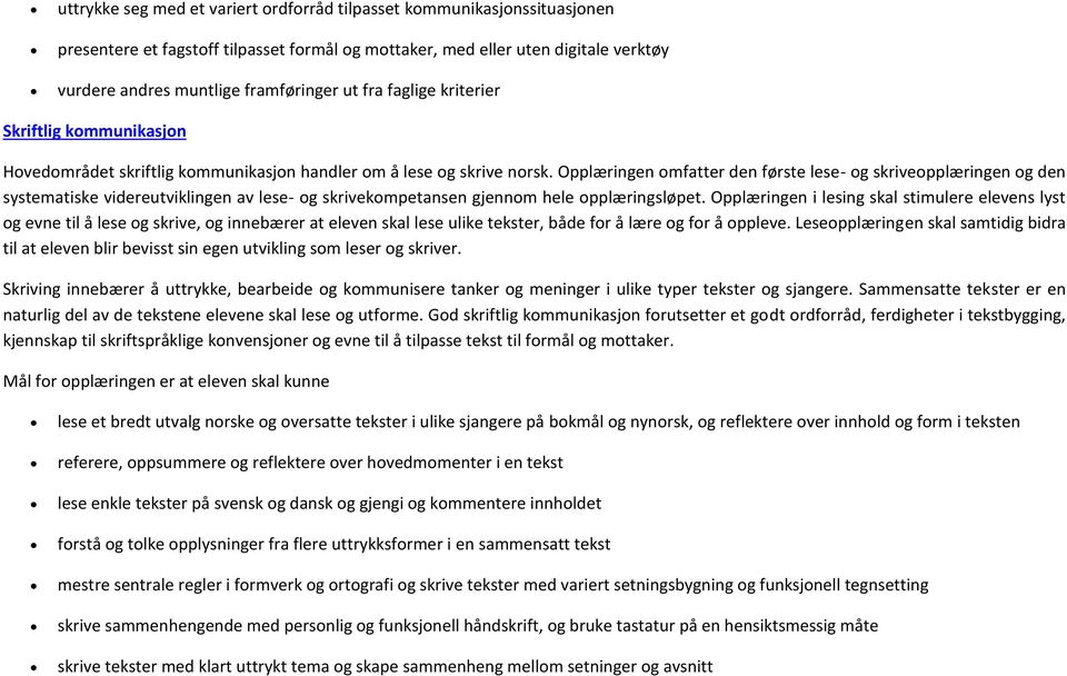 Opplæringen omfatter den første lese- og skriveopplæringen og den systematiske videreutviklingen av lese- og skrivekompetansen gjennom hele opplæringsløpet.