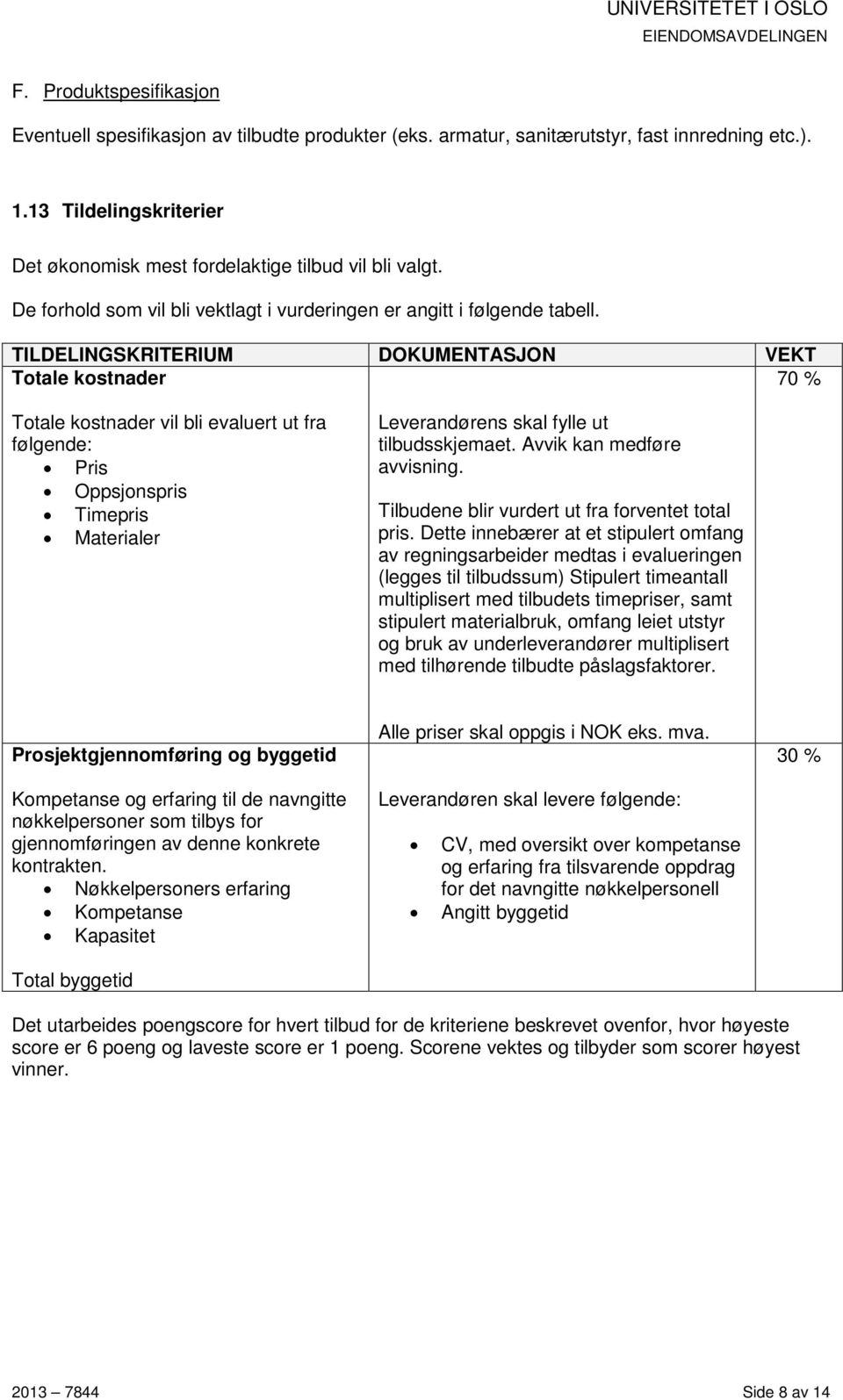 TILDELINGSKRITERIUM DOKUMENTASJON VEKT Totale kostnader 70 % Totale kostnader vil bli evaluert ut fra følgende: Pris Oppsjonspris Timepris Materialer Leverandørens skal fylle ut tilbudsskjemaet.