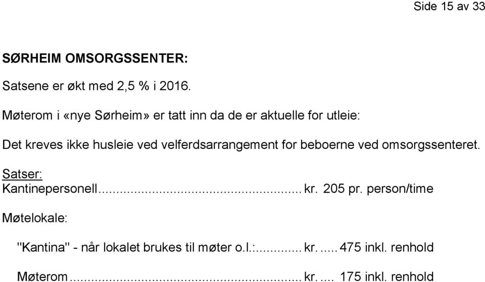 velferdsarrangement for beboerne ved omsorgssenteret. Satser: Kantinepersonell... kr. 205 pr.