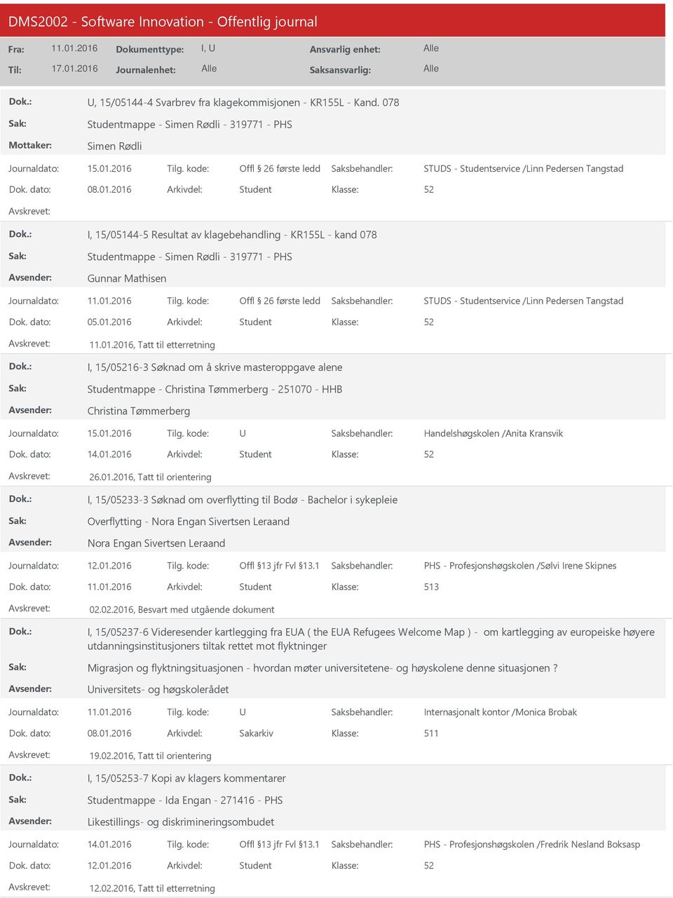 01.2016 Student 26.01.2016, Tatt til orientering I, 15/033-3 Søknad om overflytting til Bodø - Bachelor i sykepleie Overflytting - Nora Engan Sivertsen Leraand Nora Engan Sivertsen Leraand PHS -