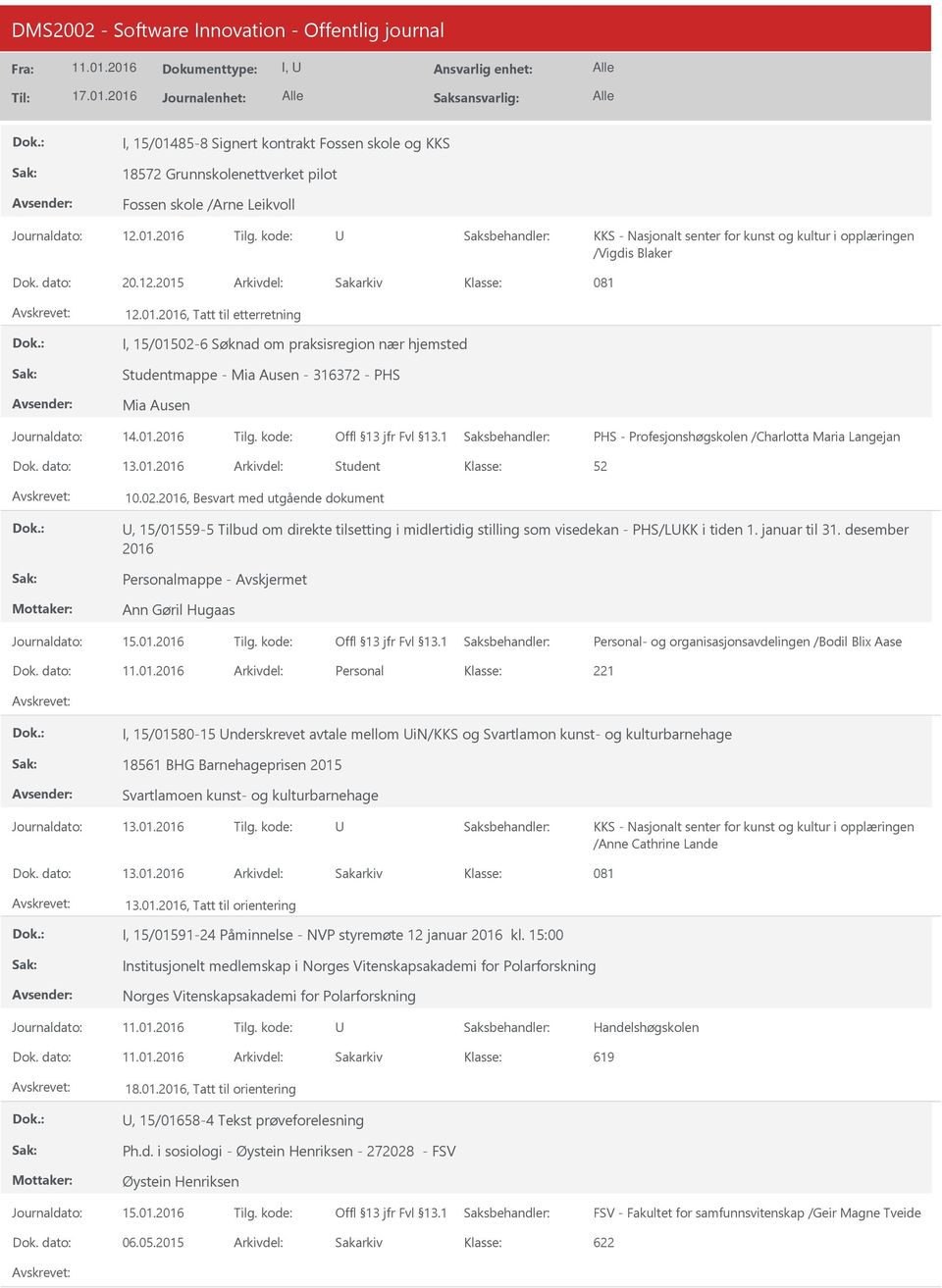 01.2016 Student 10.02.2016, Besvart med utgående dokument, 15/01559-5 Tilbud om direkte tilsetting i midlertidig stilling som visedekan - PHS/LKK i tiden 1. januar til 31.