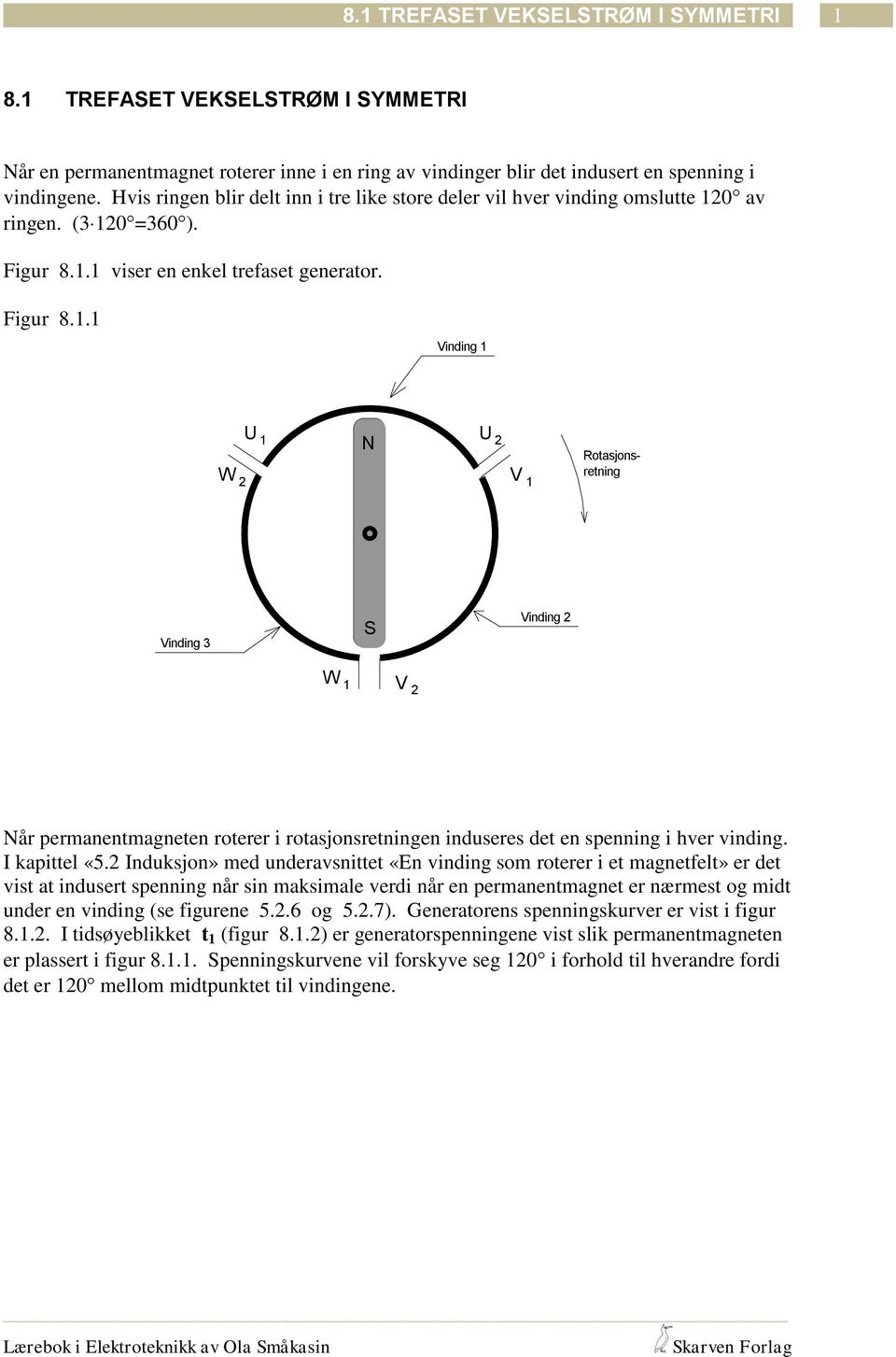 . viser en enkel treaset generator. Figur 8.. Vinding W N V Rotasjonsretning Vinding S Vinding W V Når permanentmagneten roterer i rotasjonsretningen induseres det en spenning i hver vinding.