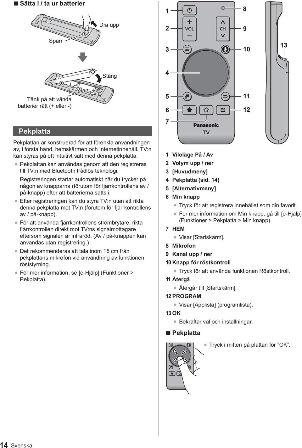 14) 5 [Alternativmeny] 6 Min knapp P 7 HEM 8 Mikrofon 9 Kanal