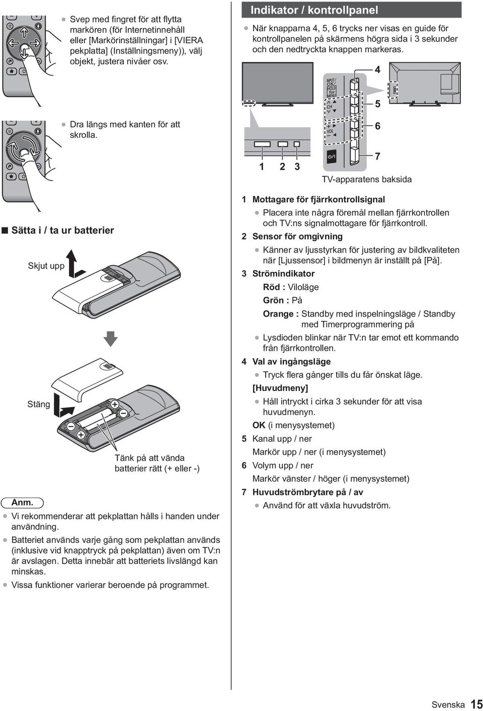 1 Mottagare för fjärrkontrollsignal 2 Sensor för omgivning 3