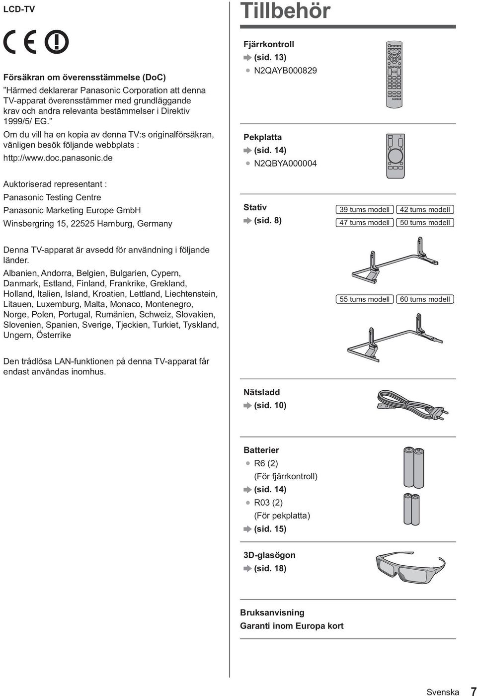 de Auktoriserad representant : Panasonic Testing Centre Panasonic Marketing Europe GmbH Winsbergring 15, 22525 Hamburg, Germany Fjärrkontroll (sid. 13) N2QAYB000829 Pekplatta (sid.